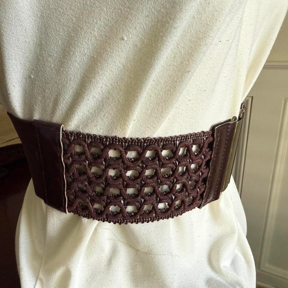 Faux Brown‎ leather and textile stretch belt with gold buckle